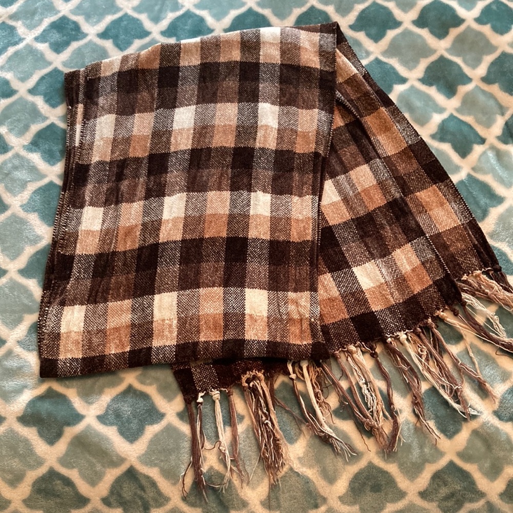 Shades of brown, tan and cream plaid micro-chenille scarf/wrap/shawl with fringe
